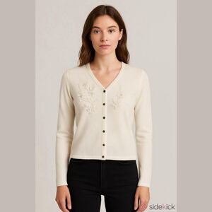 Vintage Free People Snap Cardigan Cream Sz Large Beaded Embellishments Rare Find